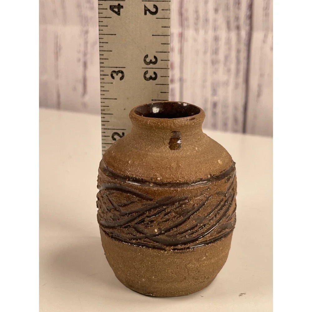 Small Hand Crafted Stoneware Clay Pottery Bud Vase Etched Wavy Design 3